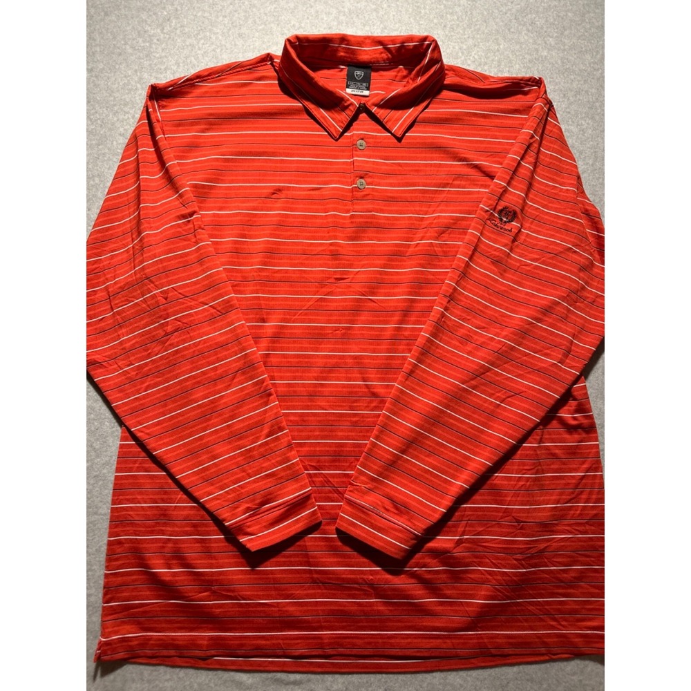 Nike Golf Shirt Men's 2XL Red w Stripes Dri-Fit UV Logo Dallas Lakewood CC 1912
